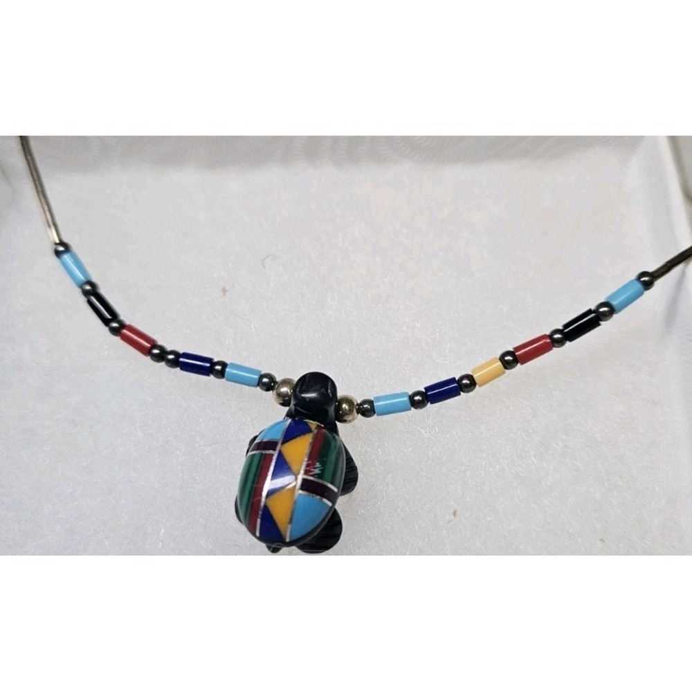 Zuni Turtle Native American Liquid Silver Necklace Hand Made Barrel Clasp 16"